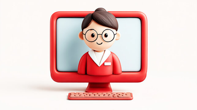Friendly Digital Connection: A cartoon-style illustration of a smiling woman with glasses, appearing on a red computer screen, symbolizing a friendly and approachable online presence.