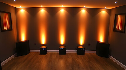 Room illuminated with orange spotlights dark walls wooden floors and framed art
