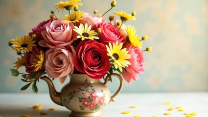 Floral Arrangement with Roses and Daisies in Vintage Teapot