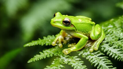 Naklejka premium Vibrant green tree frog perched on a fern frond.