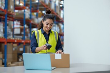 Female warehouse worker in safety vest scans package using barcode scanner at desk with laptop, warehouse background, concept of inventory logistics, Ai generative