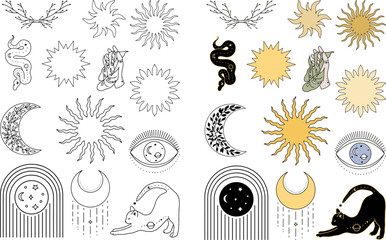 set of celestial and mystical element bundle line art and coloring style vector illustration  