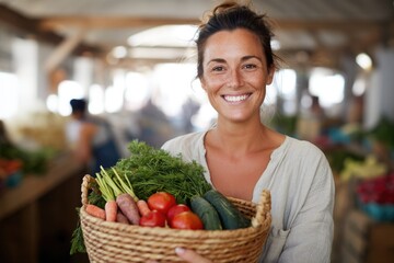 Smiling woman holds basket filled with fresh vegetables at vibra