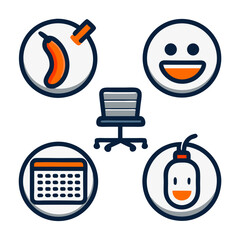 A cheerful office scene with a calendar, happy face, spicy pepper, and playful bomb mouse, all rendered in a bold, cartoonish style with vibrant orange accents.