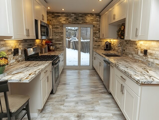 Obraz premium Bright kitchen with white cabinets and stone backsplash with marble countertops Outdoor view of snow covered yard