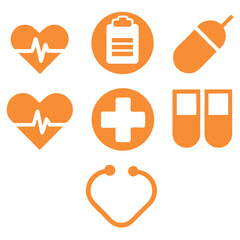 Fototapeta premium A vibrant set of healthcare icons symbolizing medical care, checkup, and wellness, featuring a warm orange palette and bold minimalist shapes.