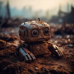 Abandoned Rusty Toy Robot in Post-Apocalyptic Wasteland