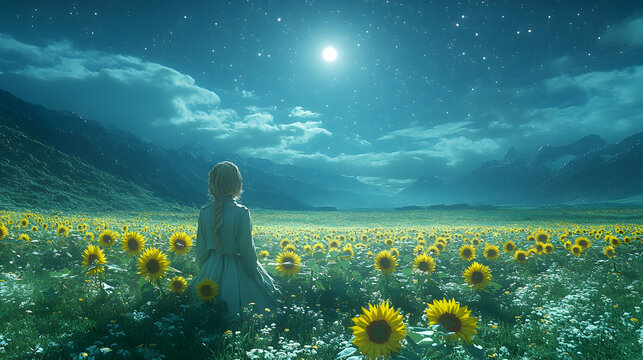 Girl in sunflower field at night