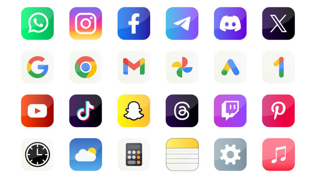 Social media and mobile app icons on white background, Popular App Logos, Smartphone Interface Symbols, Digital Communication Icons, Technology App Button Set, phone app icons, vector illustration.