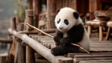 Obraz premium Adorable Baby Panda on Wooden Deck