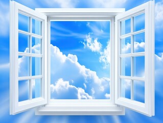 Open window to a bright blue sky with fluffy white clouds offering hope and freedom in a serene atmosphere with soft lighting
