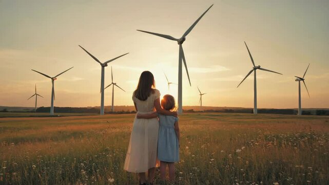 A mother holding her daughter at sunset, gazing at wind turbines on the horizon