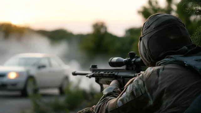 Soldier training with AI-guided riflescope in sunny shooting range