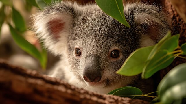 Baby koala nestled in eucalyptus leaves - Powered by Adobe