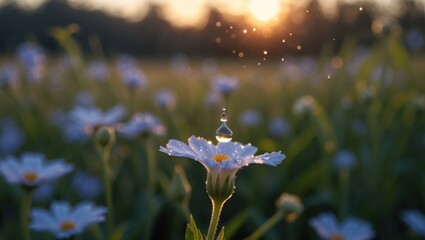Water Drop Falling on Flower Petals in Field at Sunrise