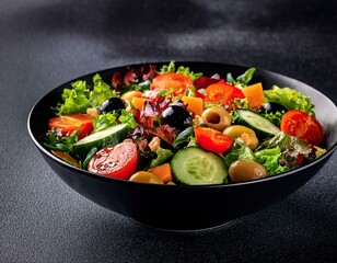 Salad in black bowl at dark background. 