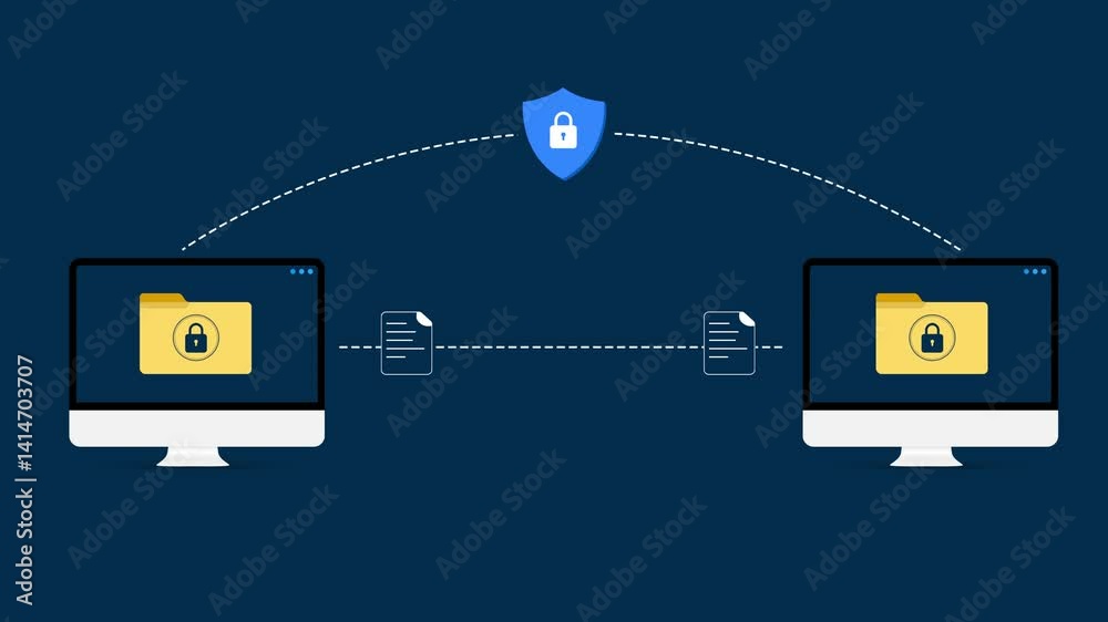 Poster protected data transferring concept 4k animation with folders and lock in the center, technology bac