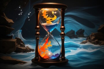 Hourglass with Fire and Water Elements, Time Passing Concept in Fantasy