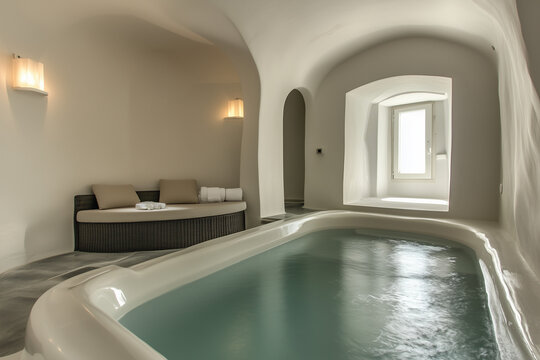 Luxurious Indoor Pool and Spa Area. Elegant indoor pool area with modern minimalist design, ideal for spa and relaxation themes in travel and luxury sector.