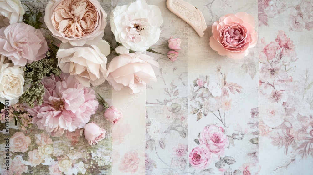 Poster Pastel roses and floral design elements arranged on a patterned surface.