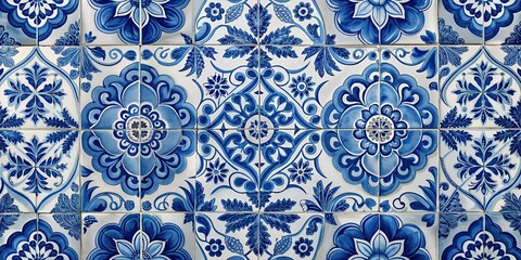 Traditional Portuguese azulejo tile pattern in blue and white tones. Intricate floral and ornamental design, perfect for backgrounds, kitchen decor, or Mediterranean-themed projects.