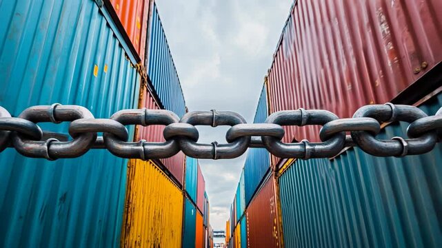 Massive Iron Chain Suspended Between Colorful Shipping Containers Symbolizing Global Trade and Industrial Strength, tariffs and trade war