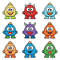 Nine cheerful cartoon monsters, each with unique colors and expressions, showcasing playful designs on a white background with simple outlines.