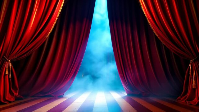 Dramatic theater stage curtains open to a bright, mysterious space.