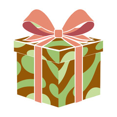 A beautifully wrapped gift, bursting with anticipation and the promise of joy, features a charming abstract design in earthy tones and a delicate coral ribbon.
