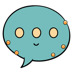 A cheerful teal speech bubble with cute orange spots, smiling gently, ready to share a friendly message in a simple, cartoonish style.