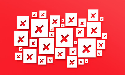 Cross, wrong, not right, incorrect, inaccurate, false. Die-cut symbols on a red background. Something is wrong or inappropriate.