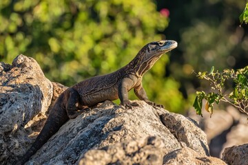 Fototapeta premium A Komodo dragon basking in the sun on a rocky Indonesian island beach, its formidable presence evident