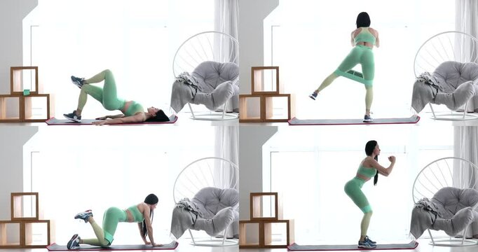 Young sporty woman glutes squats workout morning routine in living room