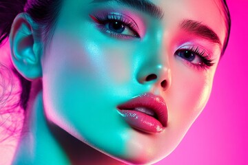 Serene Beauty Portrait: Young Woman with Subtle Makeup and Delicate Hair in Soft Pink Lighting