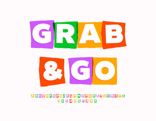 Vector Advertising flyer Grab and Go. Colorful Block Alphabet Letters and Numbers set. Bright Creative Font