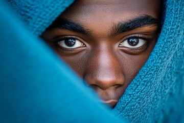 Fototapeta premium Young Black Man Contemplative Portrait, Intimate Close-Up, Authentic Expression, Emotional Connection.