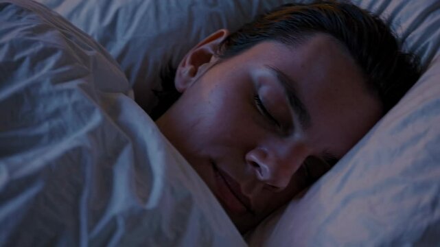 A cozy bedroom scene with rumpled bedding, captured from a low angle. The video conveys a sense of warmth and relaxation in soft lighting.