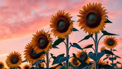 Fototapeta premium Sunflowers Growing Under a Colorful Sunset Sky in a Field