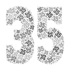 Grayscale word cloud forming the number 35, with repeated text in various sizes