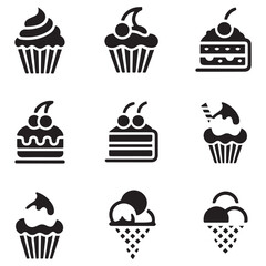Dessert Icons Series Vector Black silhouettes. with white background
