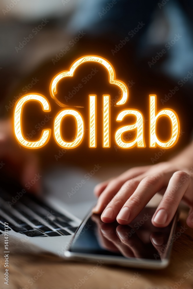 Poster businessman accessing cloud-based collaboration software on mobile device with glowing collab text