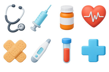 3d medical icons set: stethoscope, syringe, heartbeat, pills, bandages, thermometer, test tube, first aid