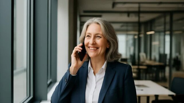 Businesswoman's Call: A confident businesswoman, clad in a sharp blazer, engages in a phone conversation by the window, her smile reflecting success and capability within a modern office environment.
