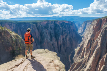 Fototapeta premium Backpacker standing at the edge of a canyon in Black Canyon of the Gunnison National Park admiring the landscape