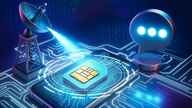 SIM card technology with satellite signal, digital communication icons, and smartphone chip in electronic circuit board

