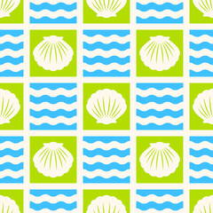 Seashell and wave with square pattern design for summer holidays background.