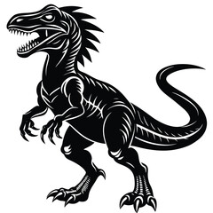 A bold, black silhouette of a dinosaur, depicted in a dynamic stance with its head raised and tail extended