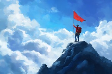 Obraz premium Mountaineer is planting a red flag at the summit celebrating reaching the top of the mountain