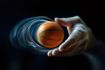 Fototapeta premium Hand is holding a spinning basketball ball with a motion blur effect on a black background, creating a dynamic and captivating sports concept