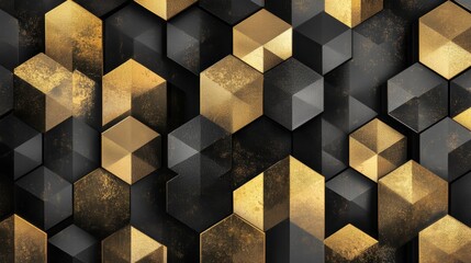 Abstract geometric pattern with black and gold hexagonal shapes.